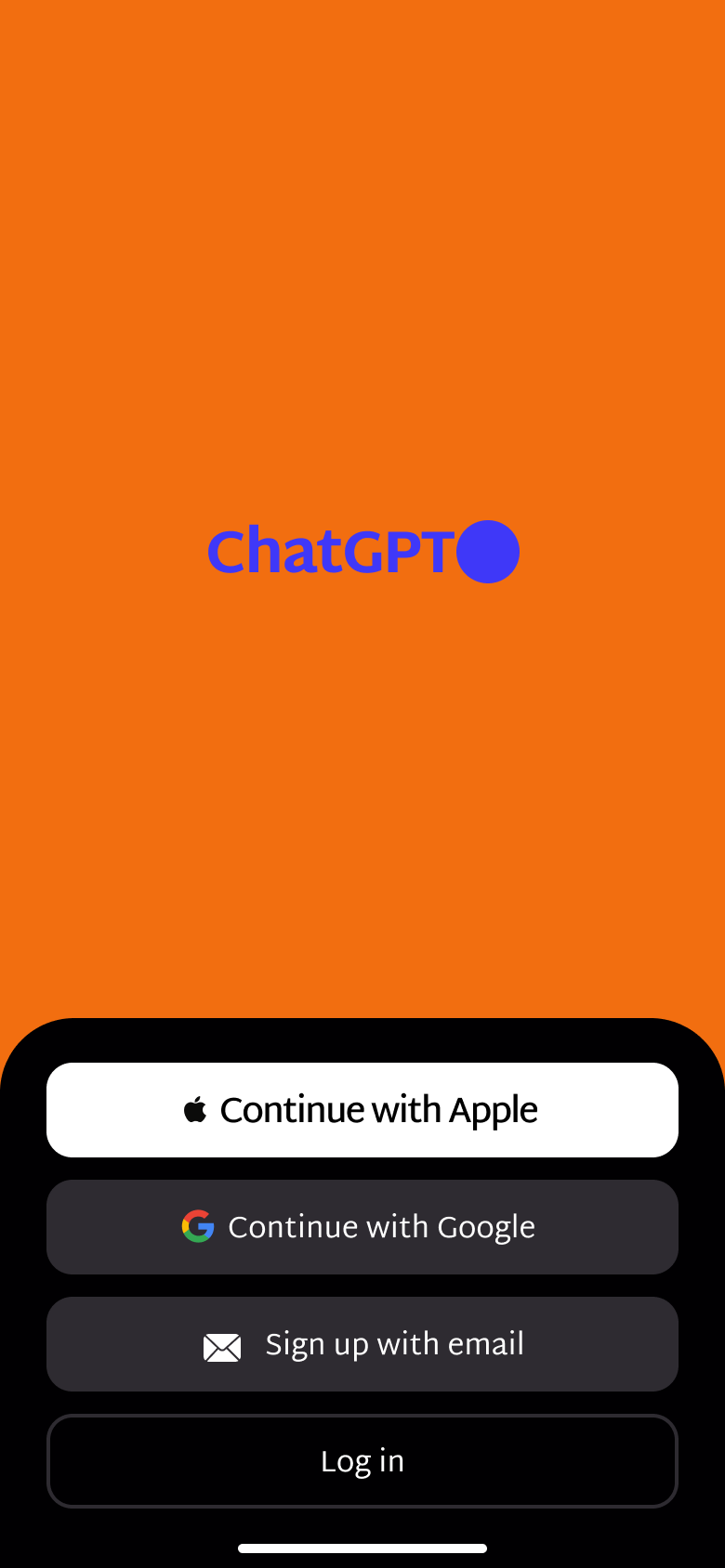 Animated welcome on a colour field with typing phrase, Apple, Google, email sign-up and log in.