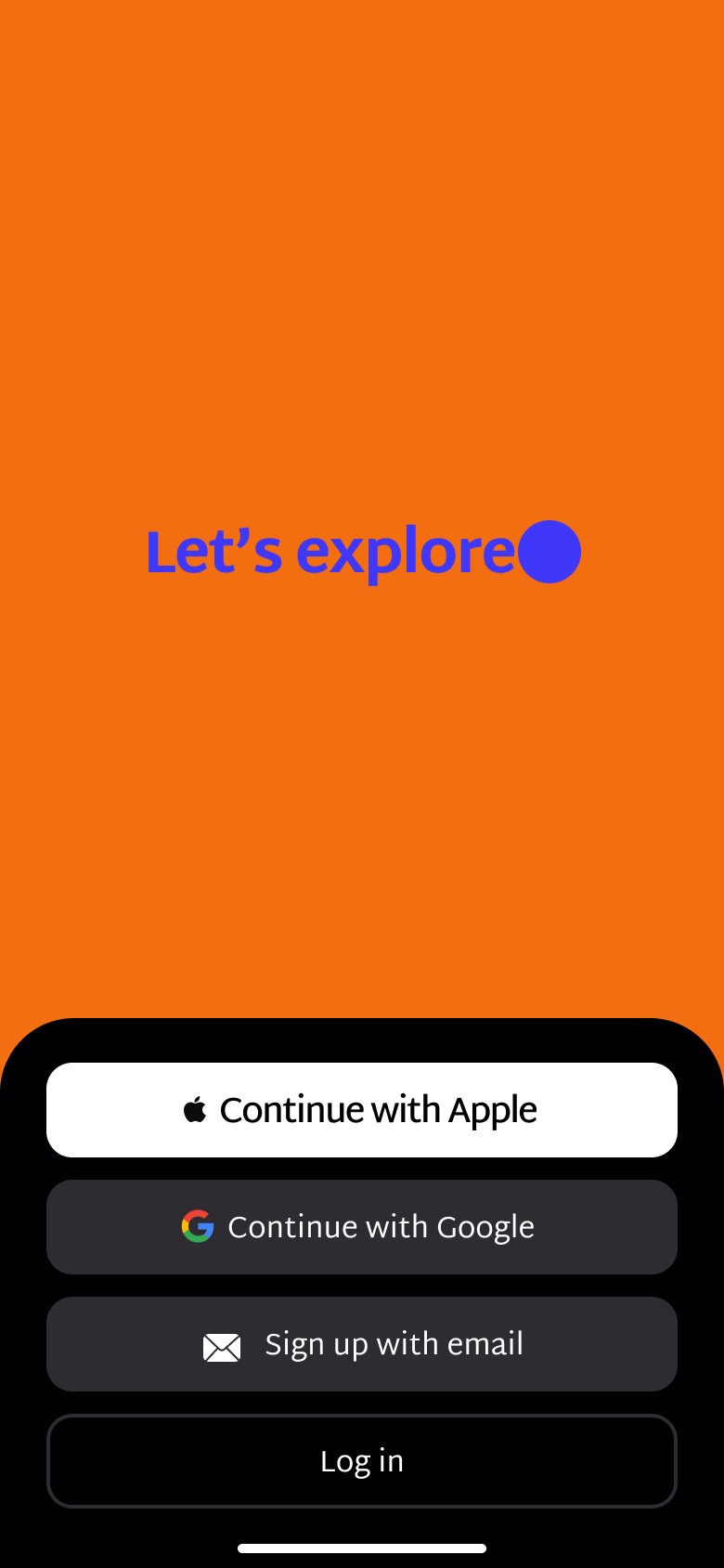 Animated welcome on a colour field with typing phrase, Apple, Google, email sign-up and log in.
