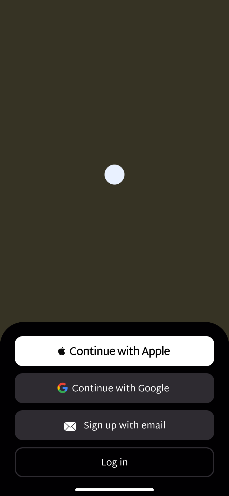 Animated welcome on a colour field with typing phrase, Apple, Google, email sign-up and log in.
