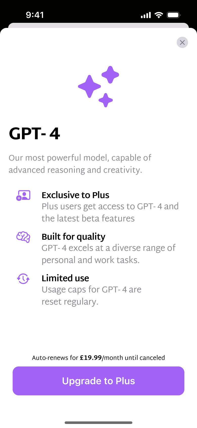 Upgrade paywall: exclusive to plus, quality and limited use, upgrade button.