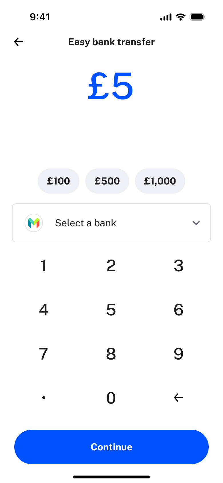 Bank transfer amount with bank selected.