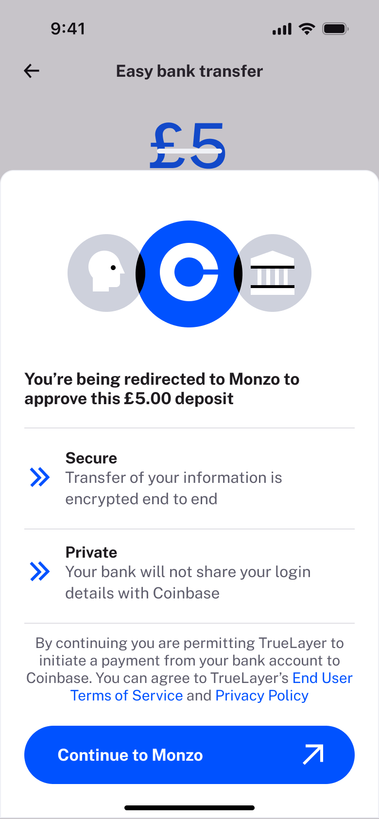 You're being redirected to your bank to approve the deposit.