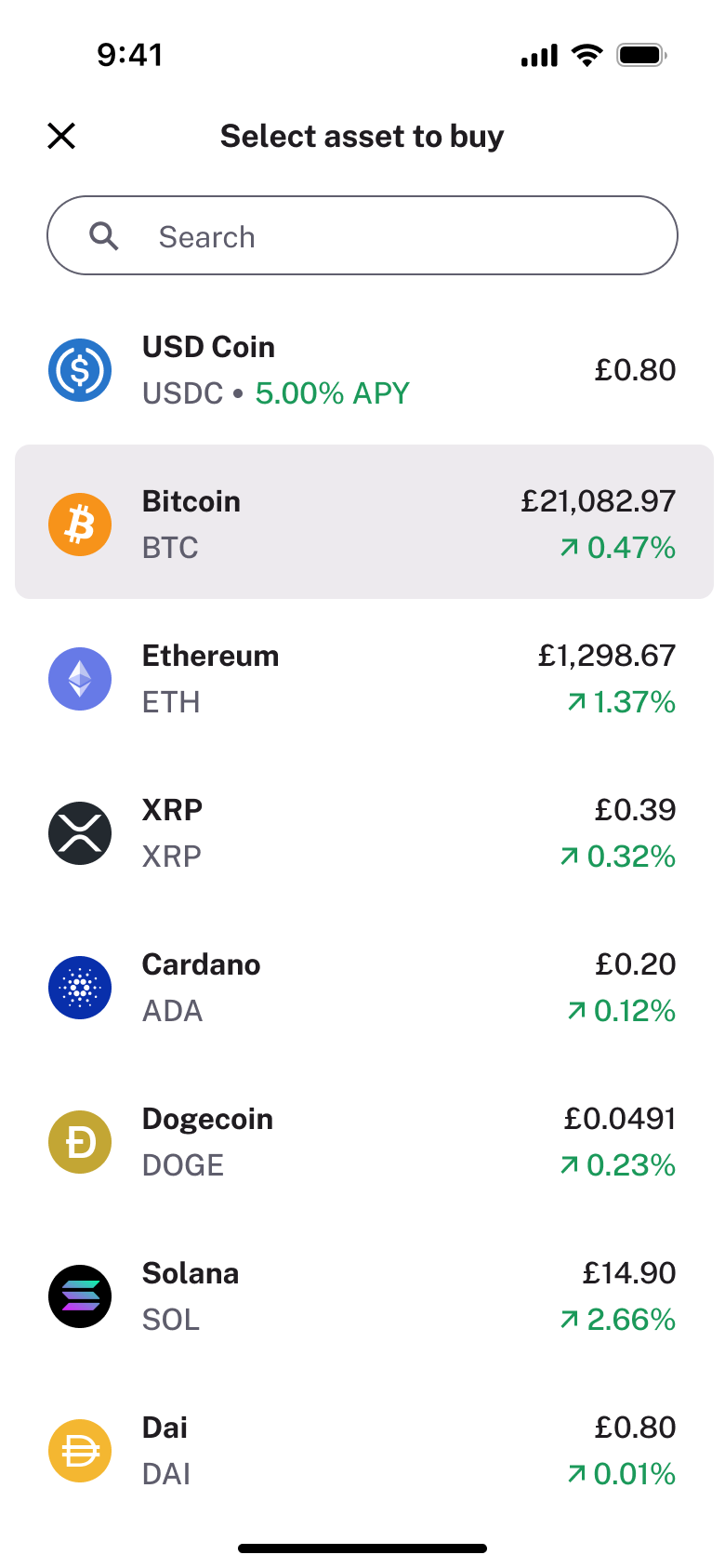 Select asset to buy: assets with prices and changes.