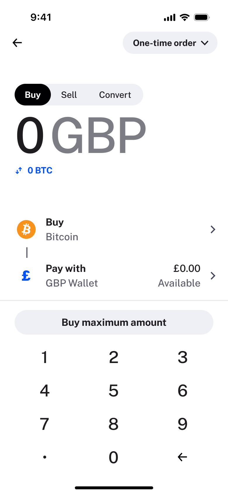 Buy crypto: amount, asset and pay with wallet, buy maximum amount.