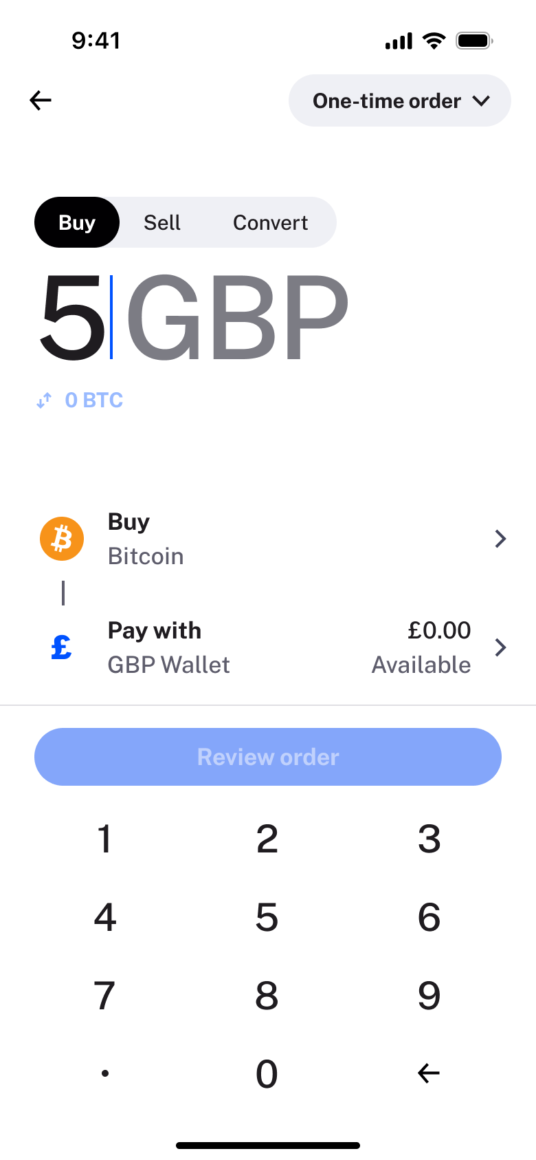 Buy amount typed, review order disabled.