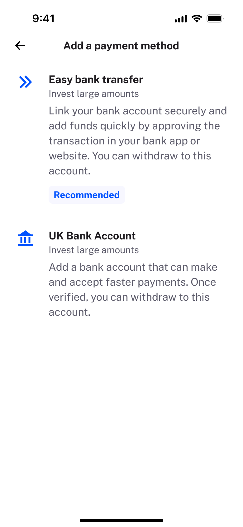 Add a payment method: easy bank transfer or bank account.