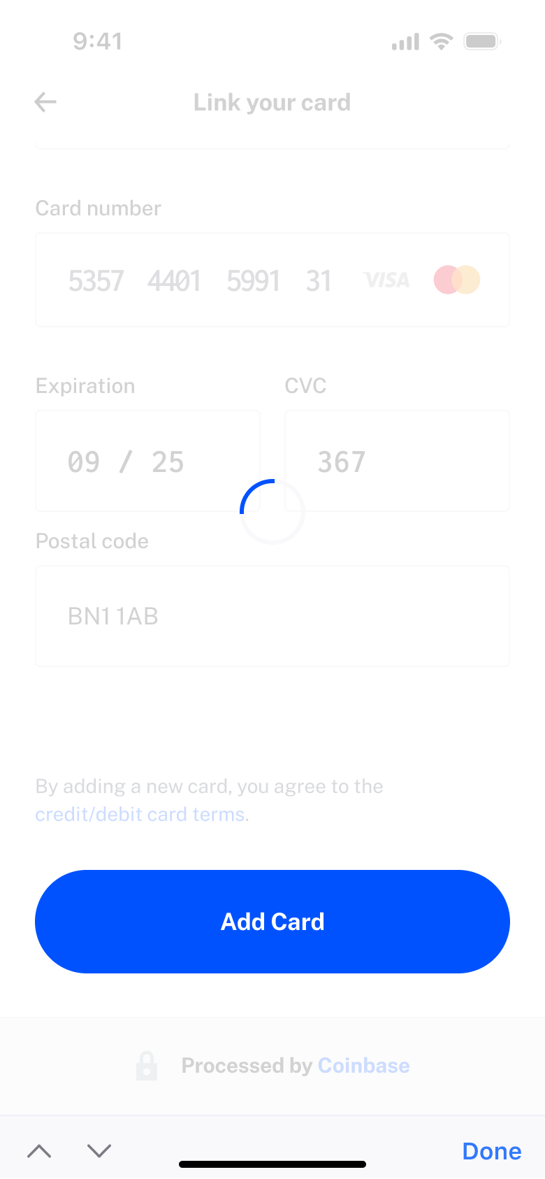 Adding card with dimmed form and spinner.
