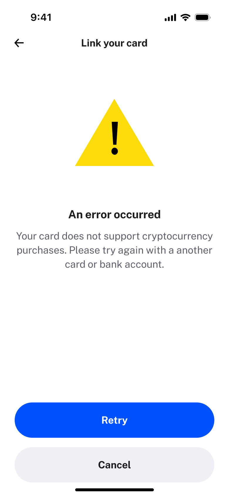 An error occurred: card doesn't support crypto purchases, retry or cancel.