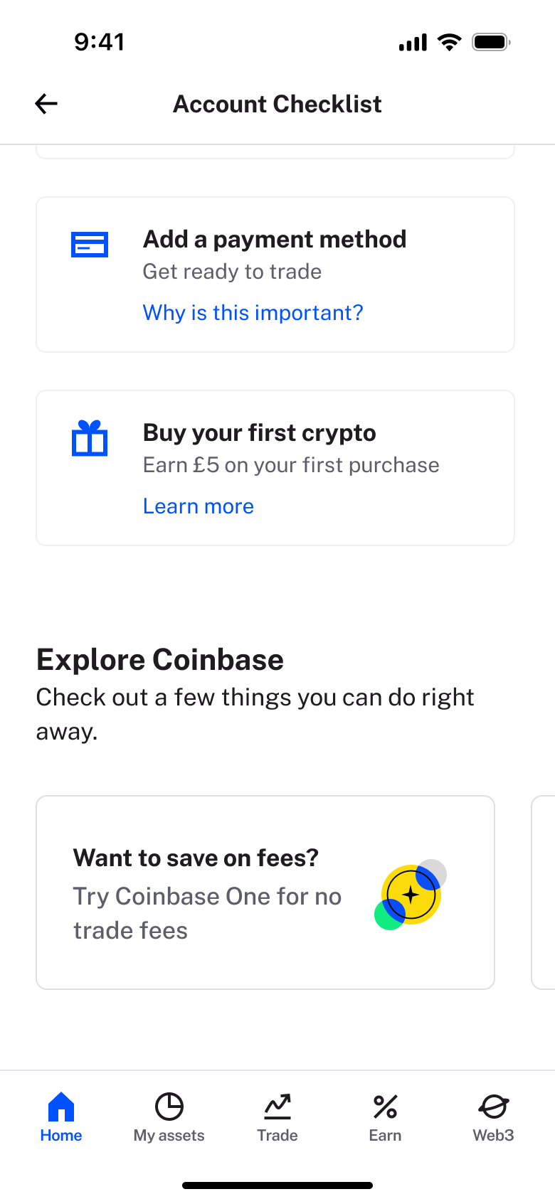Account checklist: add a payment method and buy first crypto.
