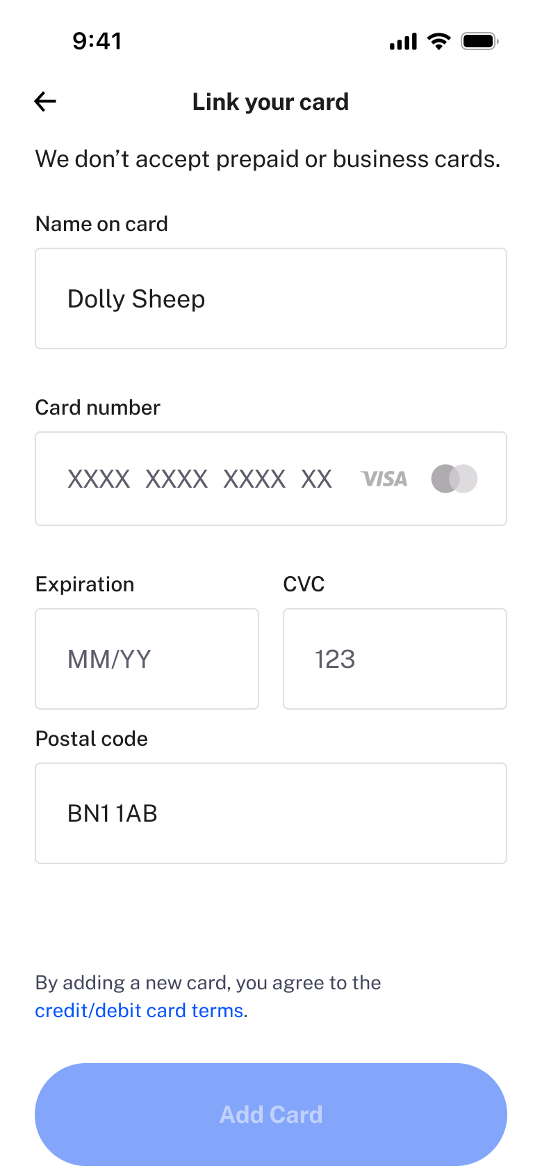 Link your card: name, number, expiry, CVC and postcode.