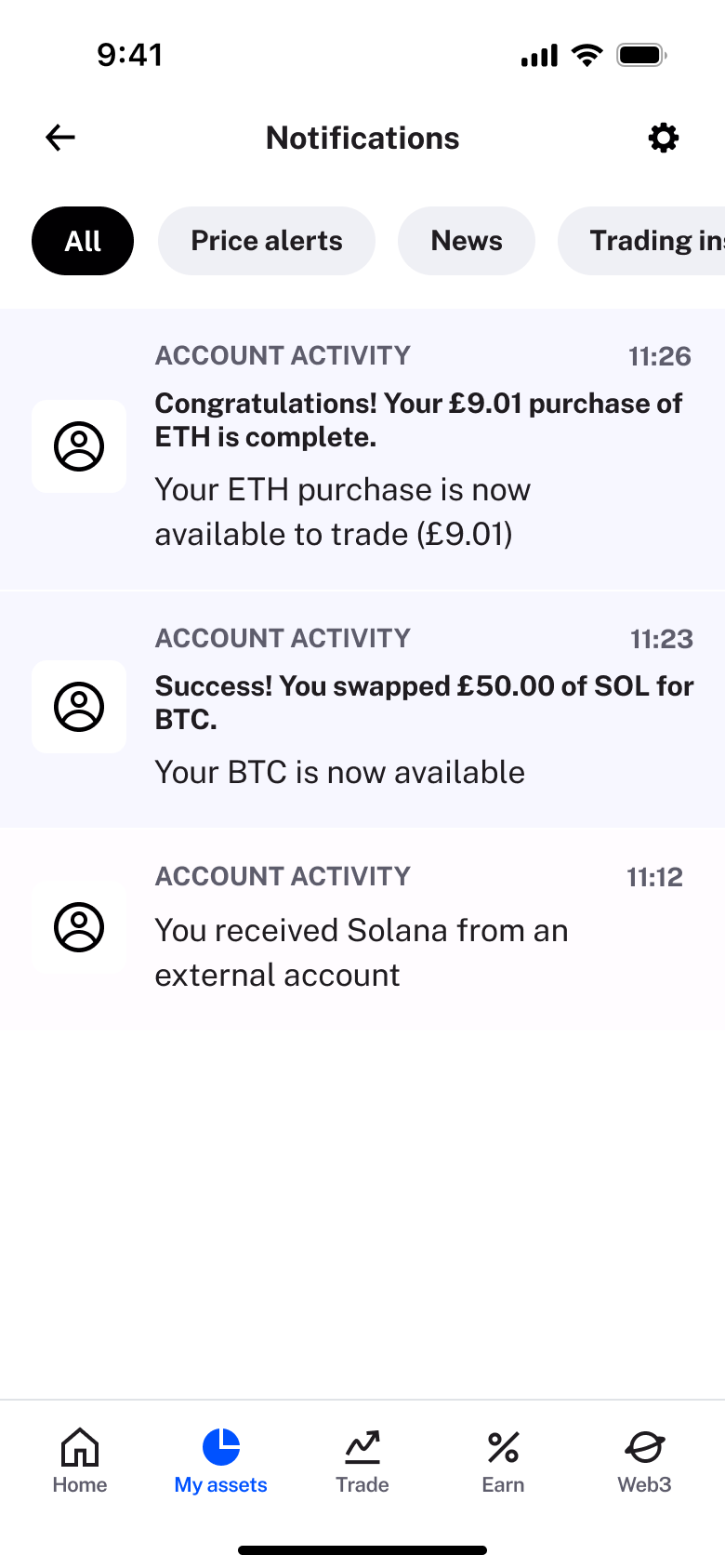 Notifications: purchase complete, swap success and received crypto.