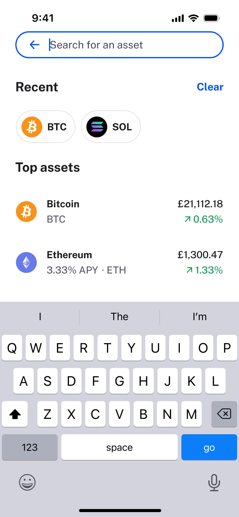 Asset search with recent chips and top assets.