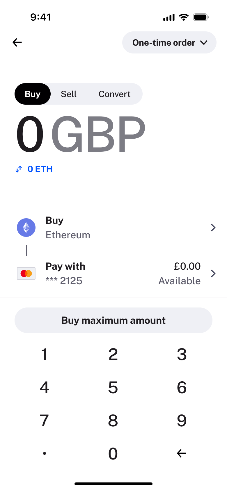 Buy: amount, asset and card payment with buy maximum.