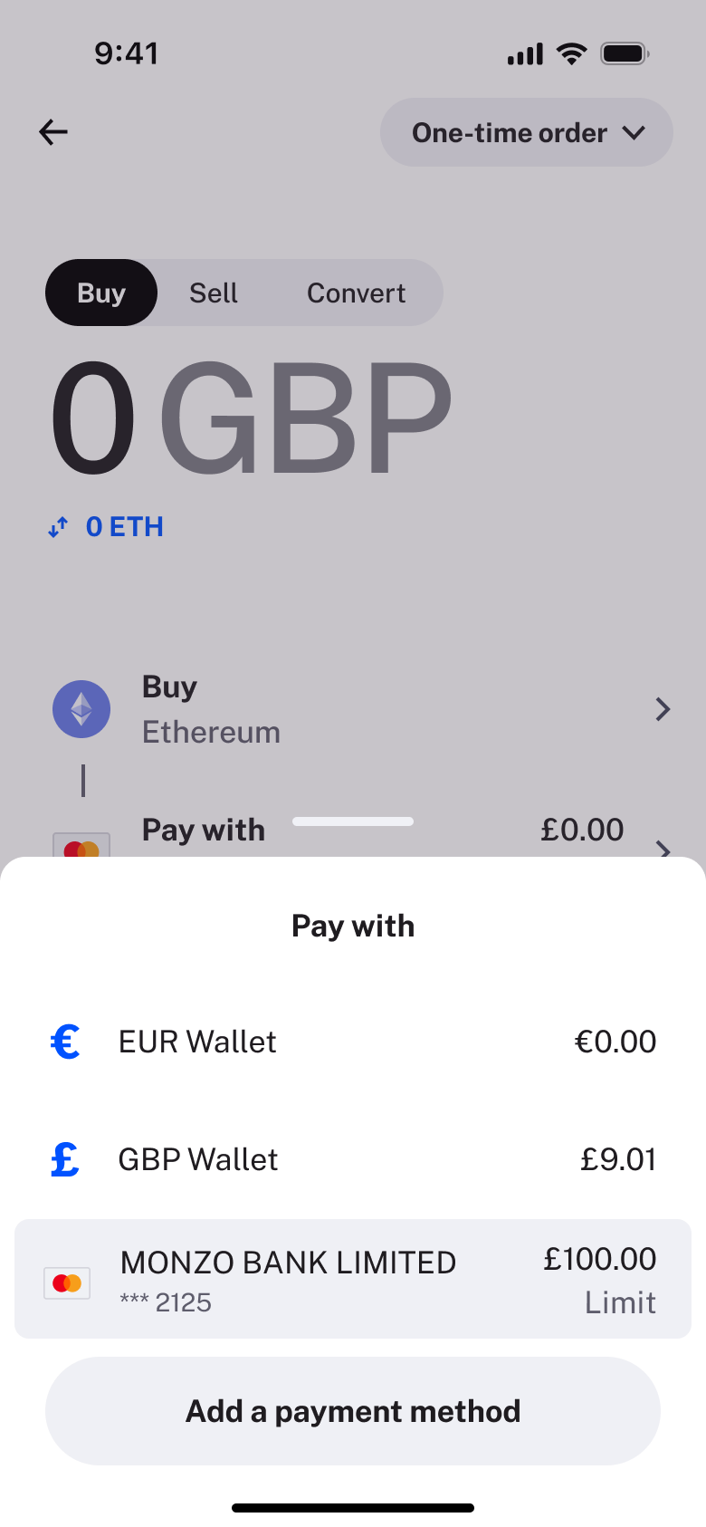 Pay with sheet: wallets, bank card and add payment method.