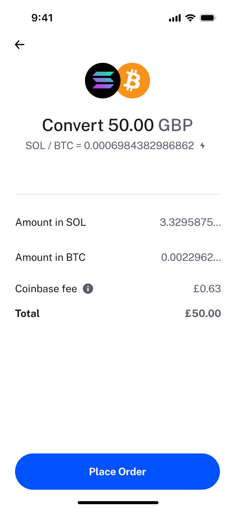 Convert order review: amounts, fee, total and place order.