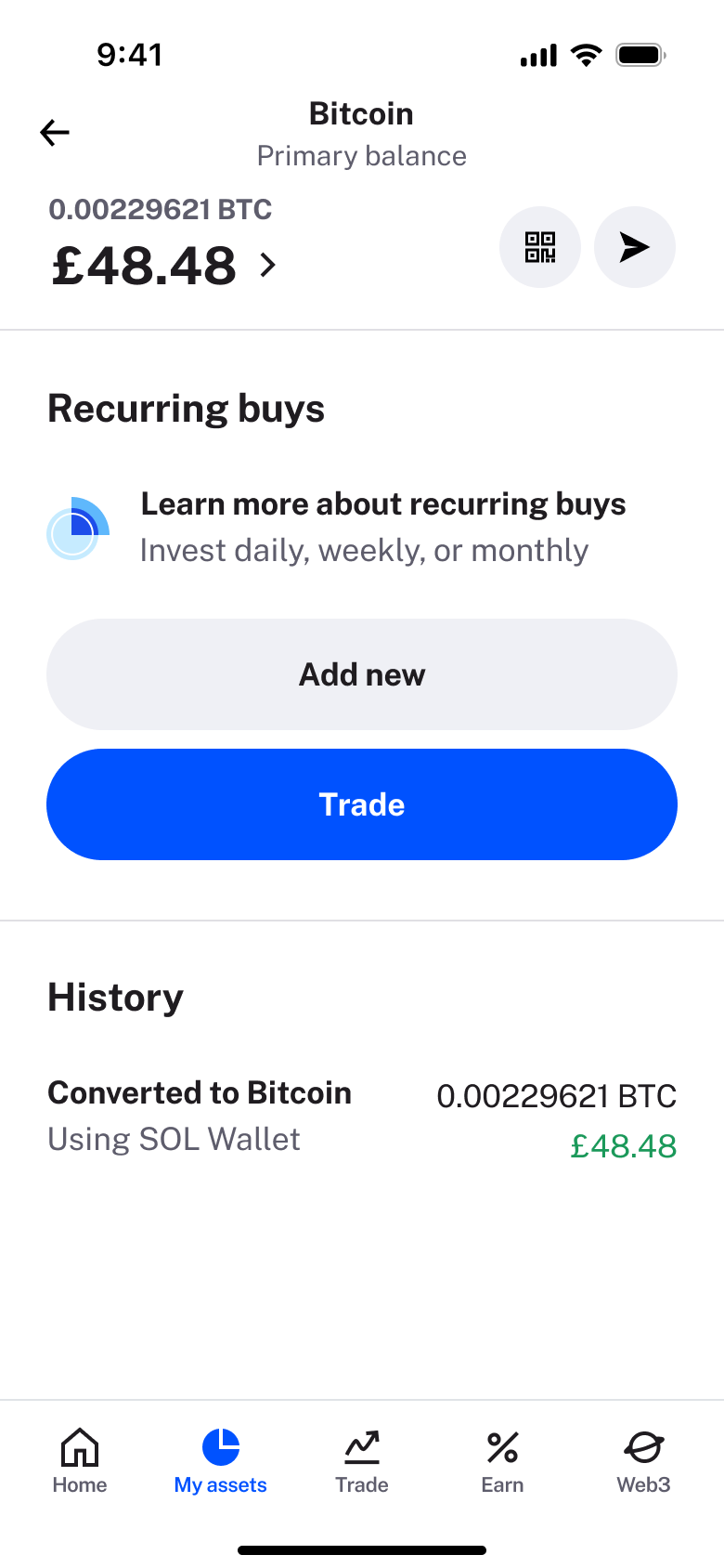 Asset balance: recurring buys and history with conversion.