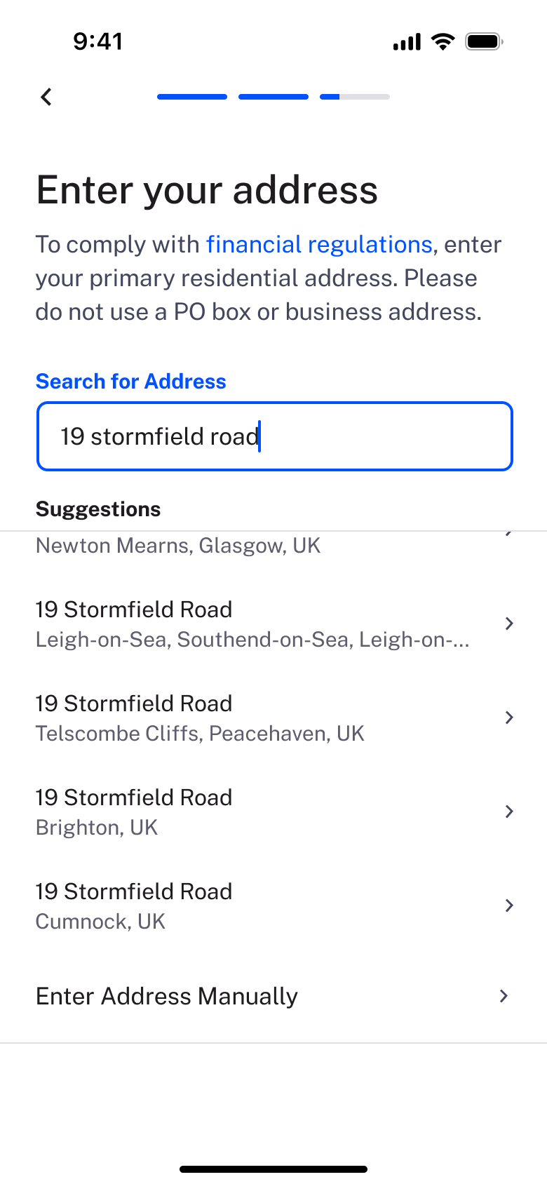 Address suggestions for a street.