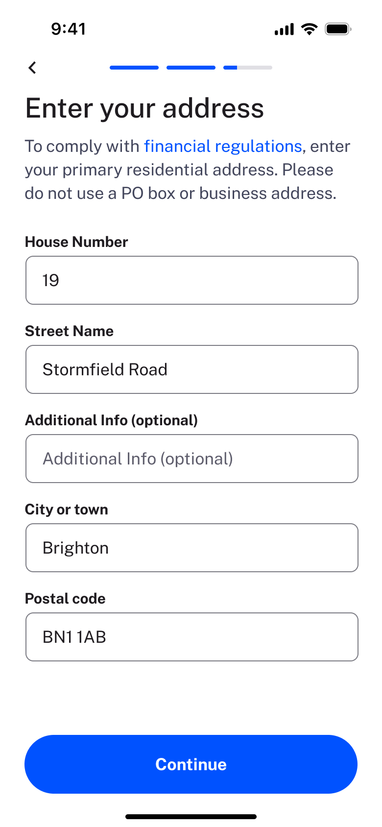 Address form filled: house, street, city and postcode.