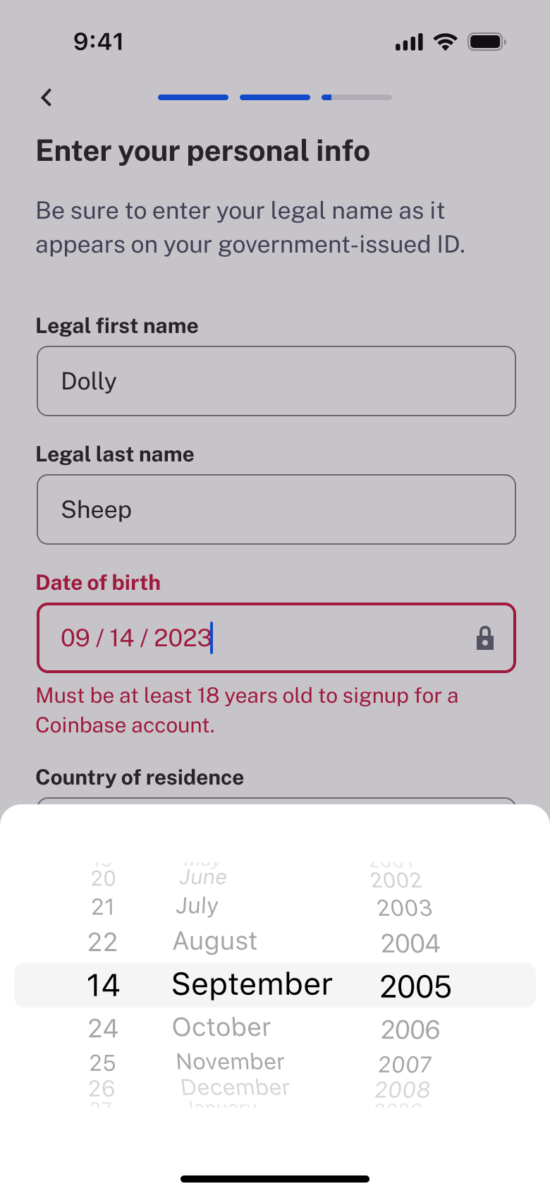 Birth date error: must be at least 18.