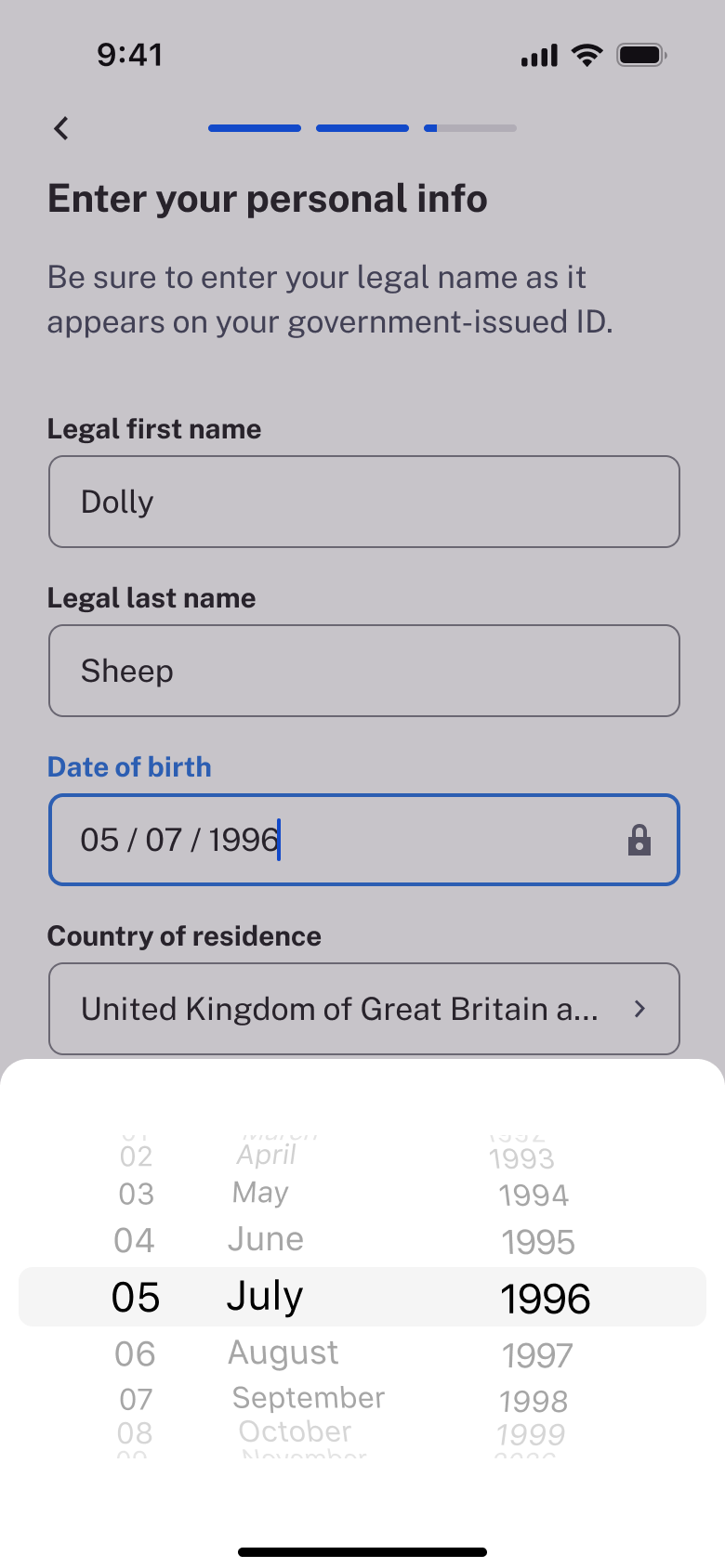 Valid birth date chosen on wheel.