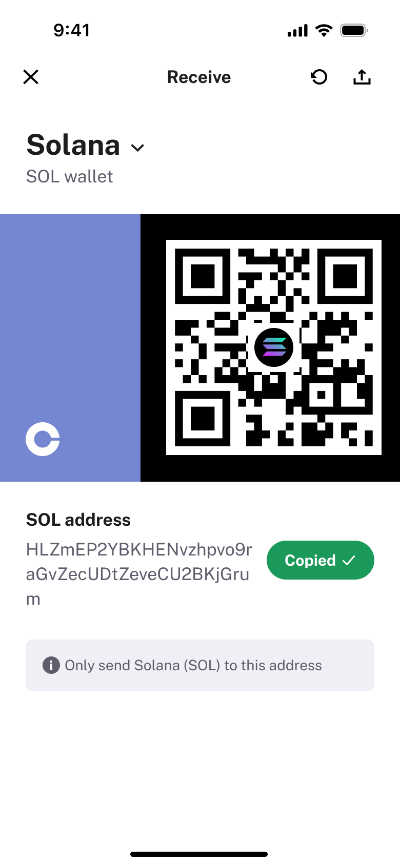Receive address copied confirmation.