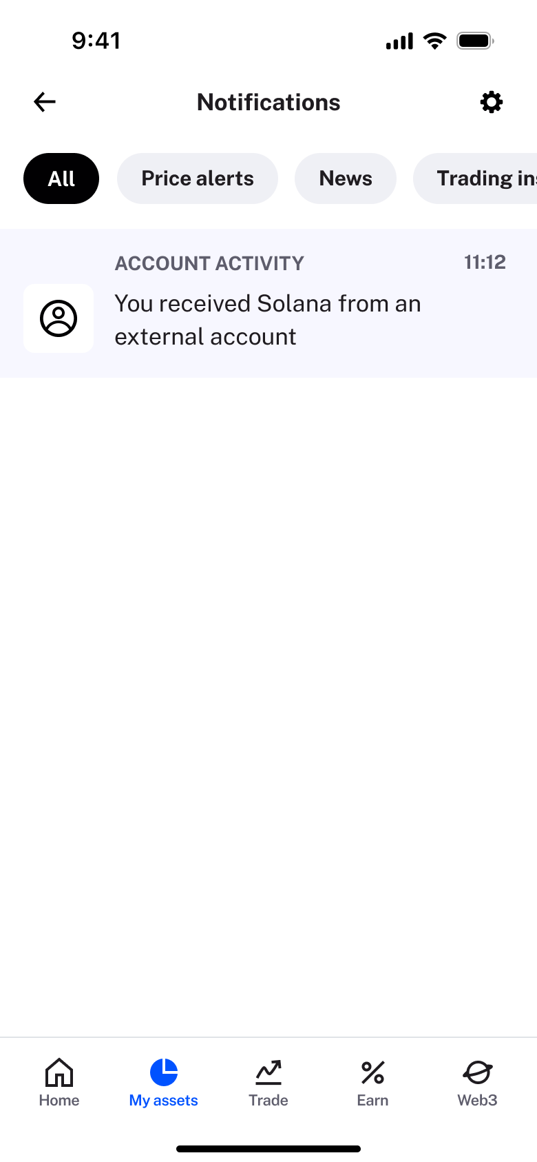 Notifications: received crypto from external account.
