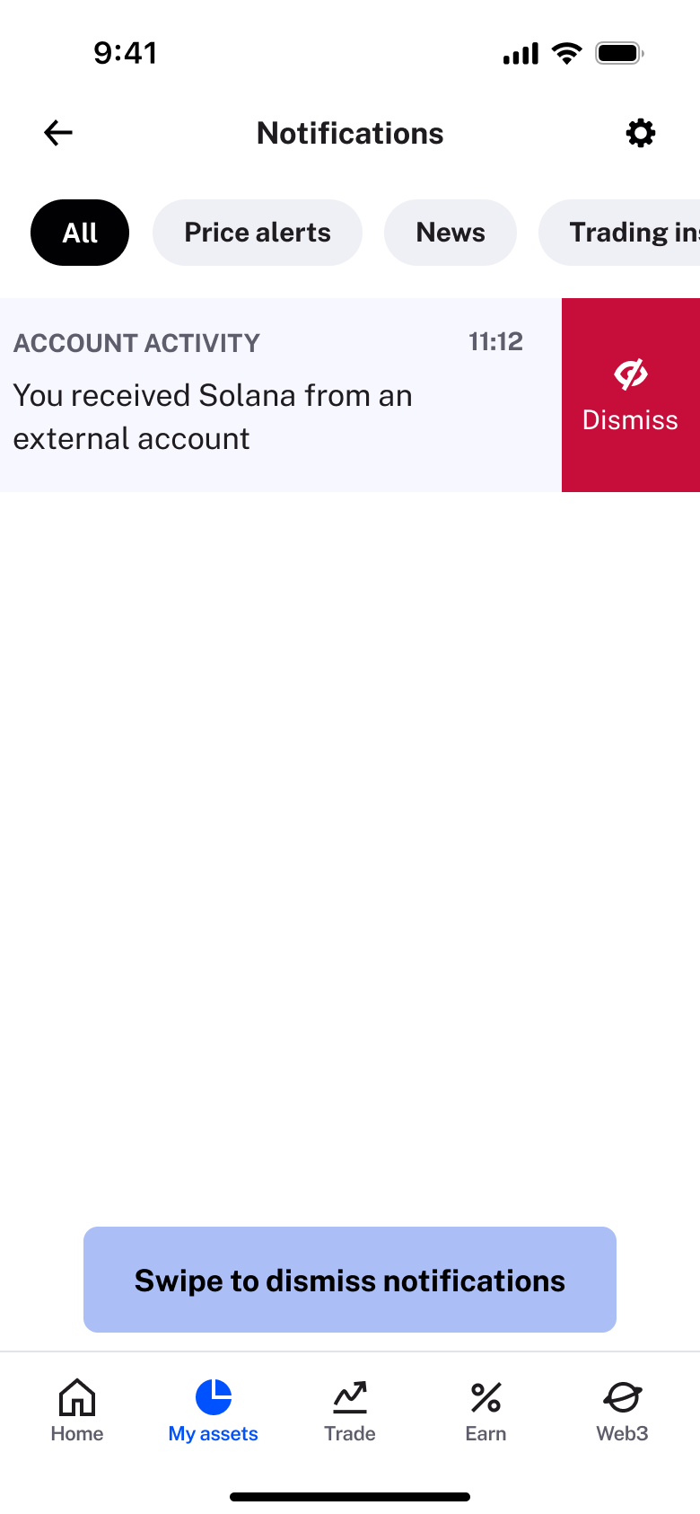 Notification swiped to reveal dismiss with swipe hint.