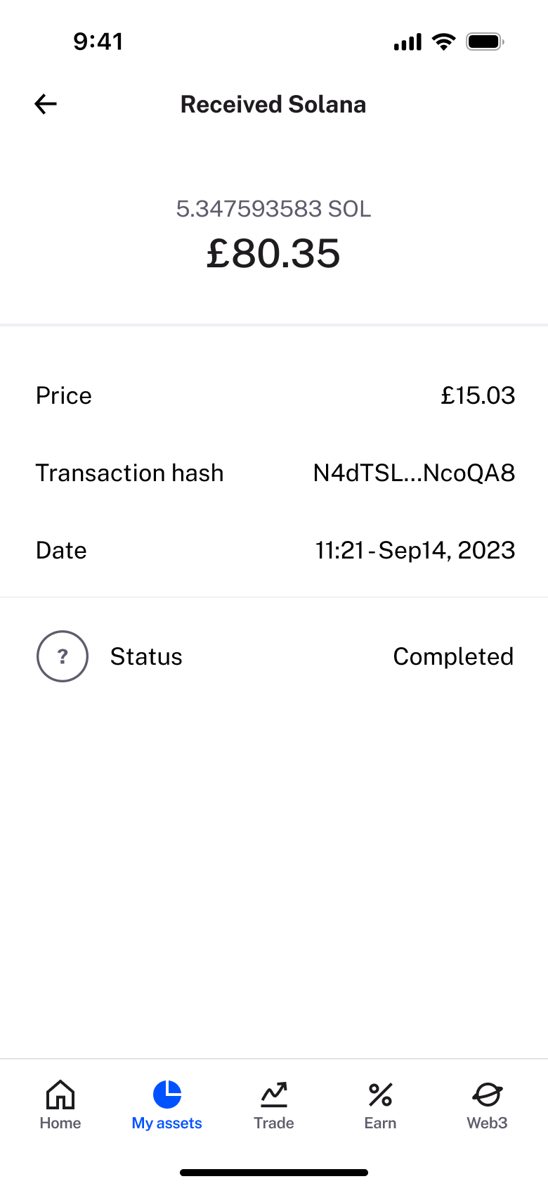 Received crypto detail: amount, price, hash, date and completed status.