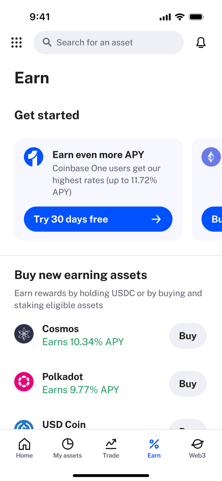Earn: get started promo and earning assets with buy buttons.
