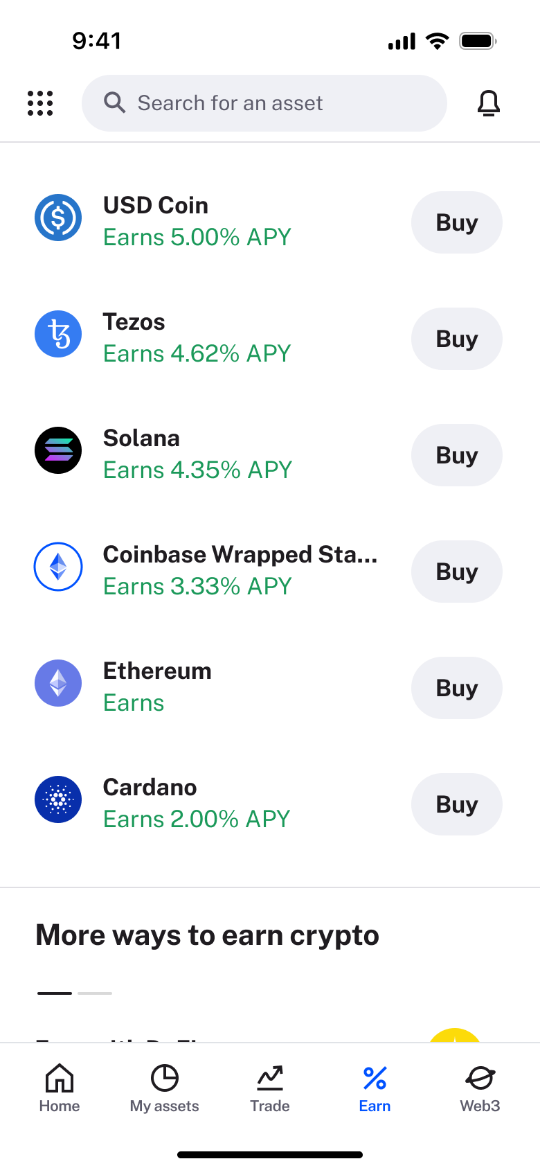 Earn assets list with yields.