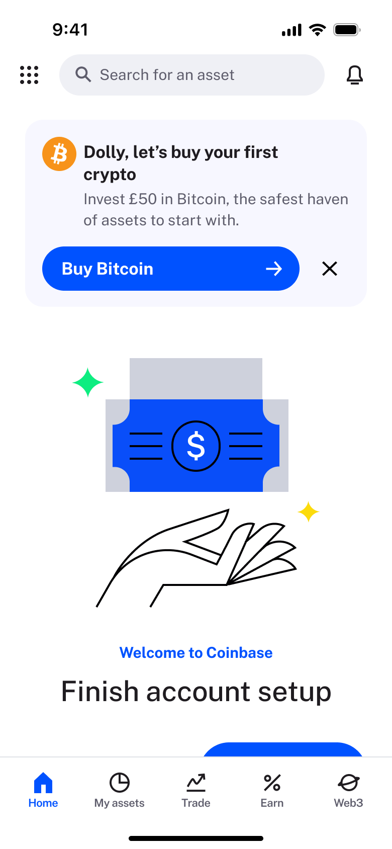 Home: buy your first crypto banner and finish account setup.