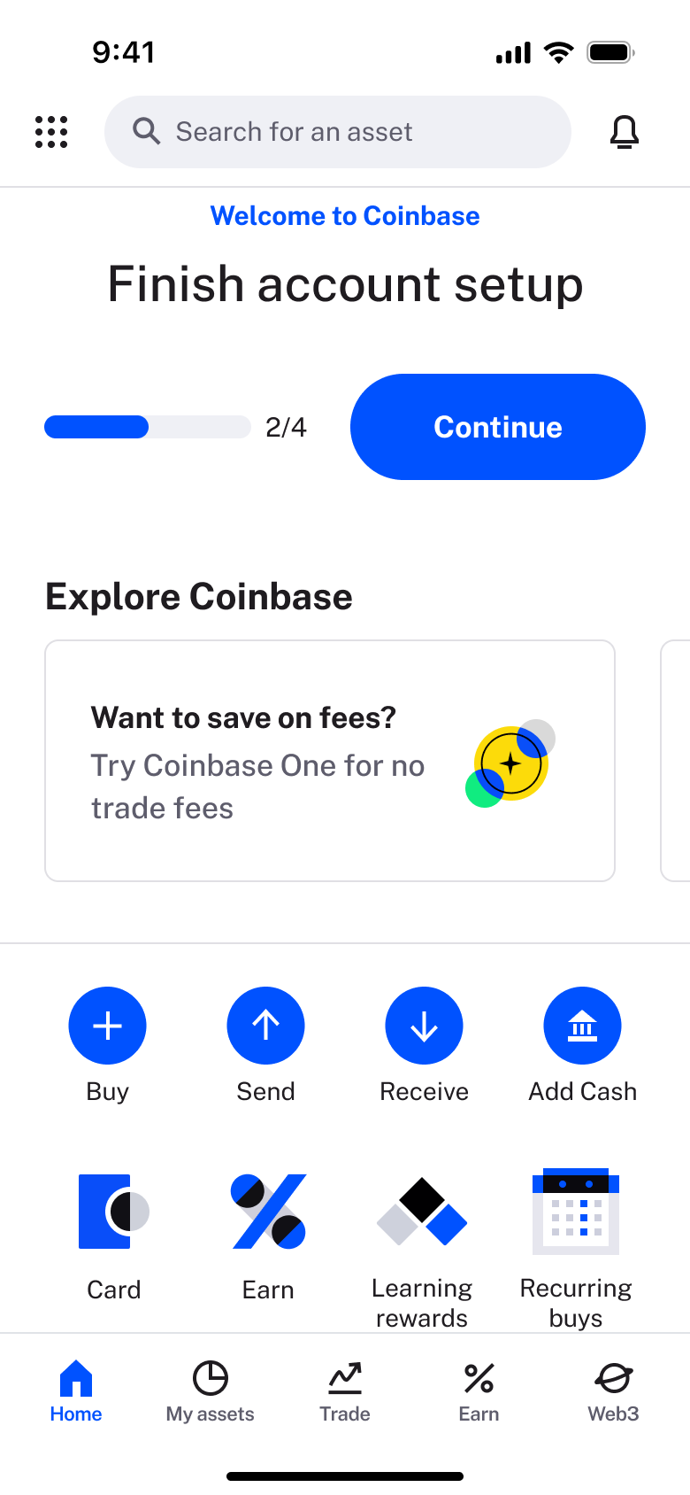 Home: finish account setup progress, explore card and action icons.