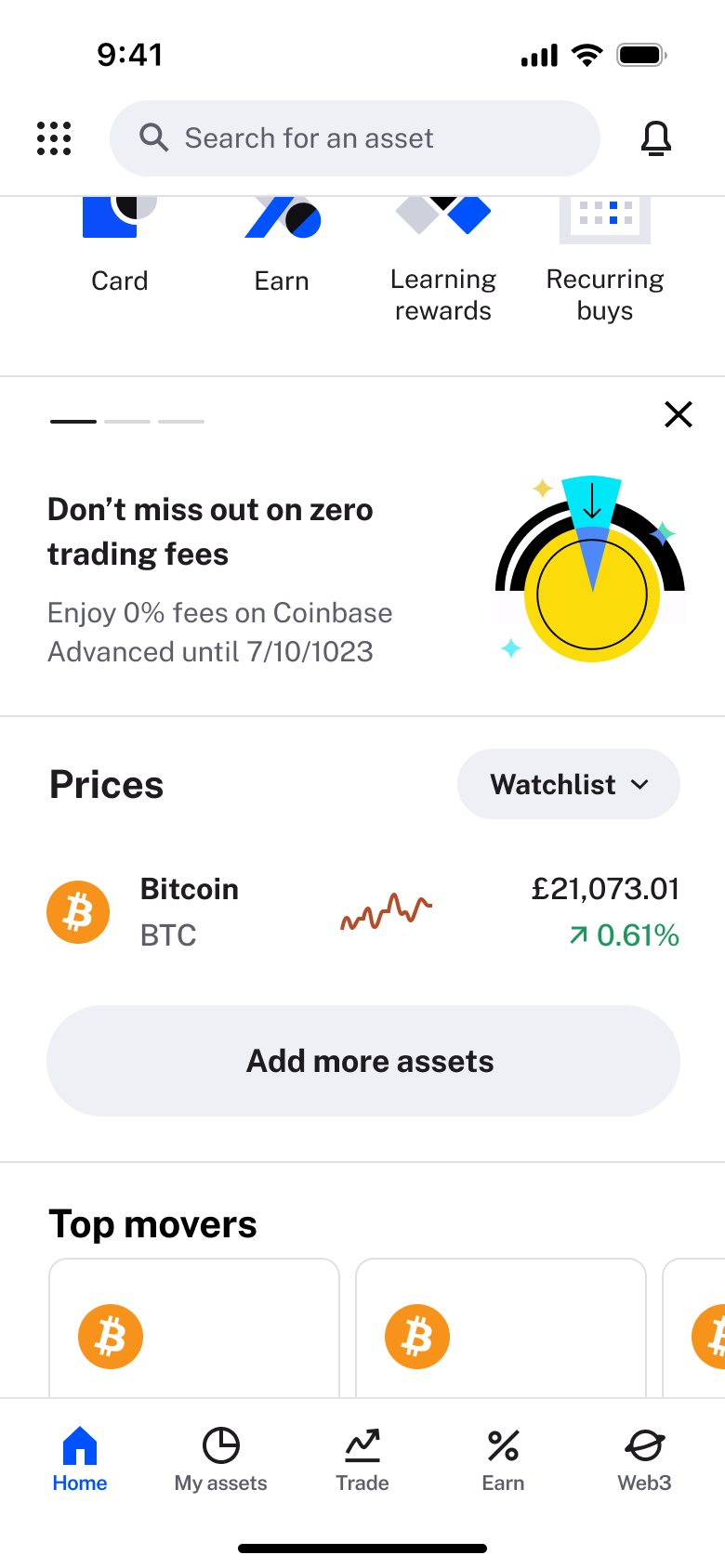 Home scrolled: zero fees promo, prices watchlist and top movers.