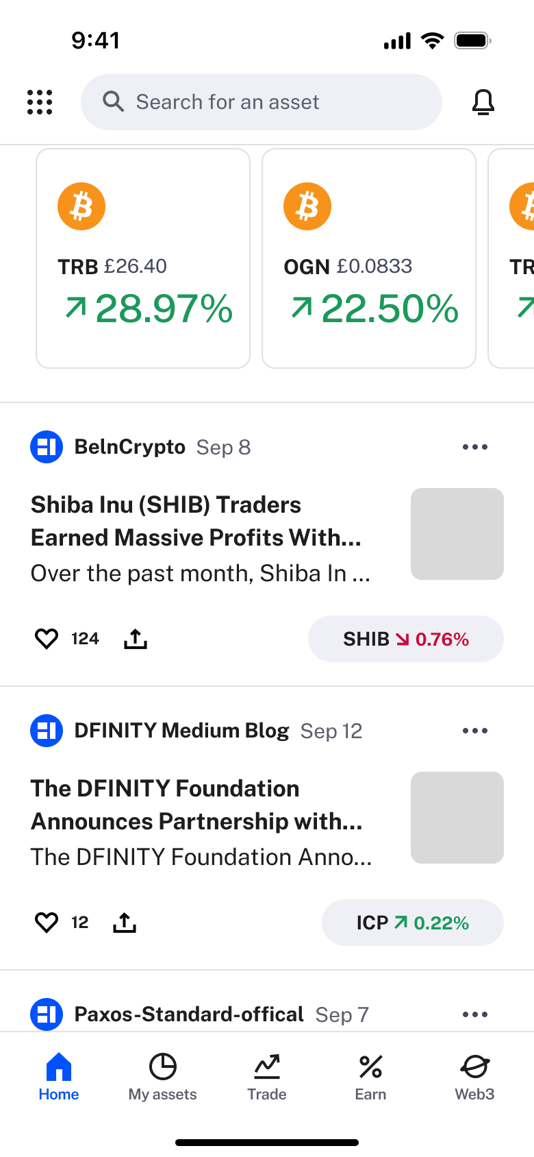 Home scrolled: top movers cards and crypto news feed.