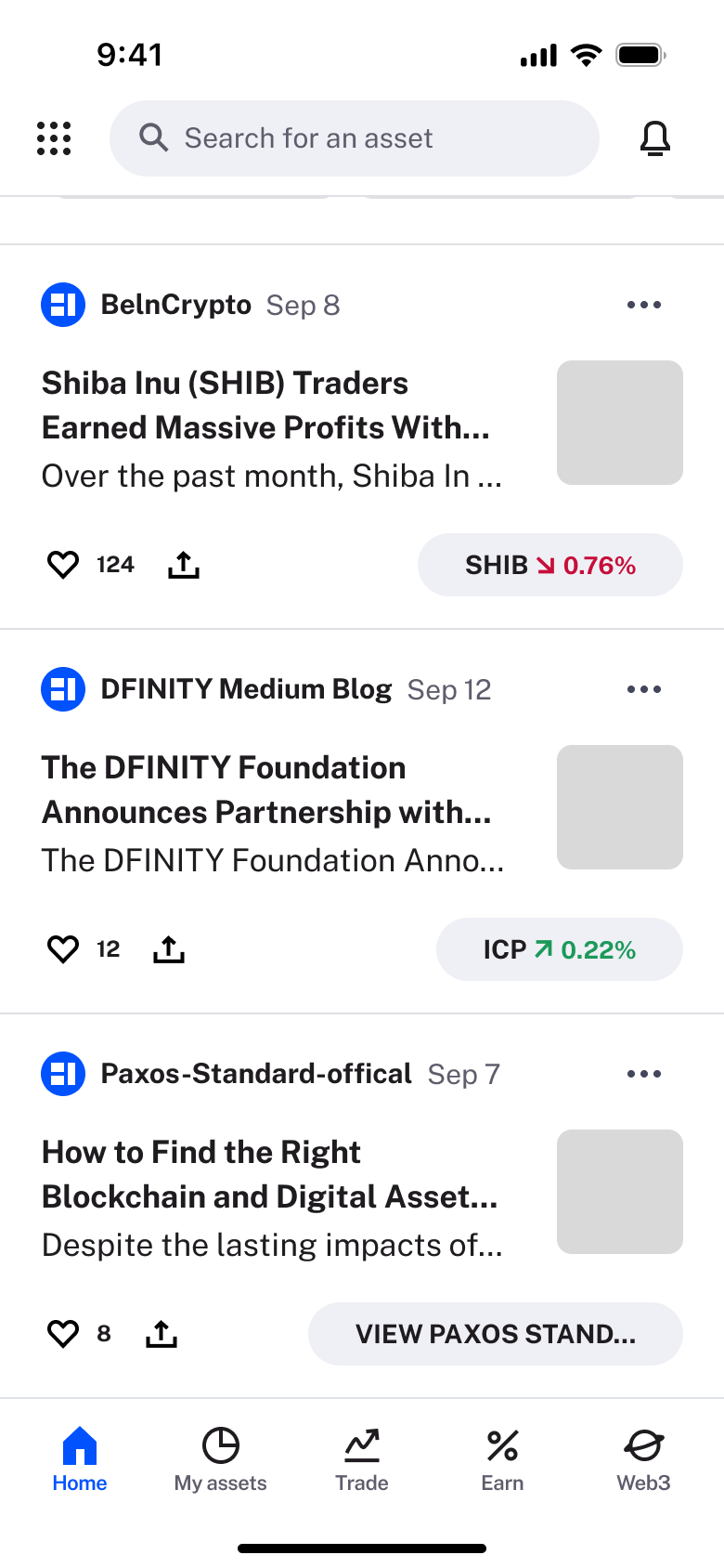 Home news feed with likes, shares and asset chips.