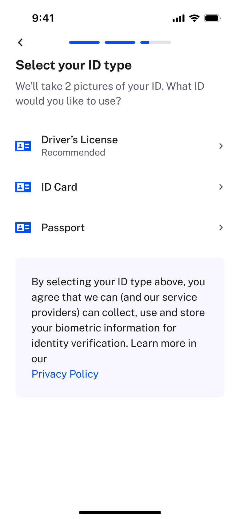 Select your ID type: driving licence, ID card or passport with biometric consent.