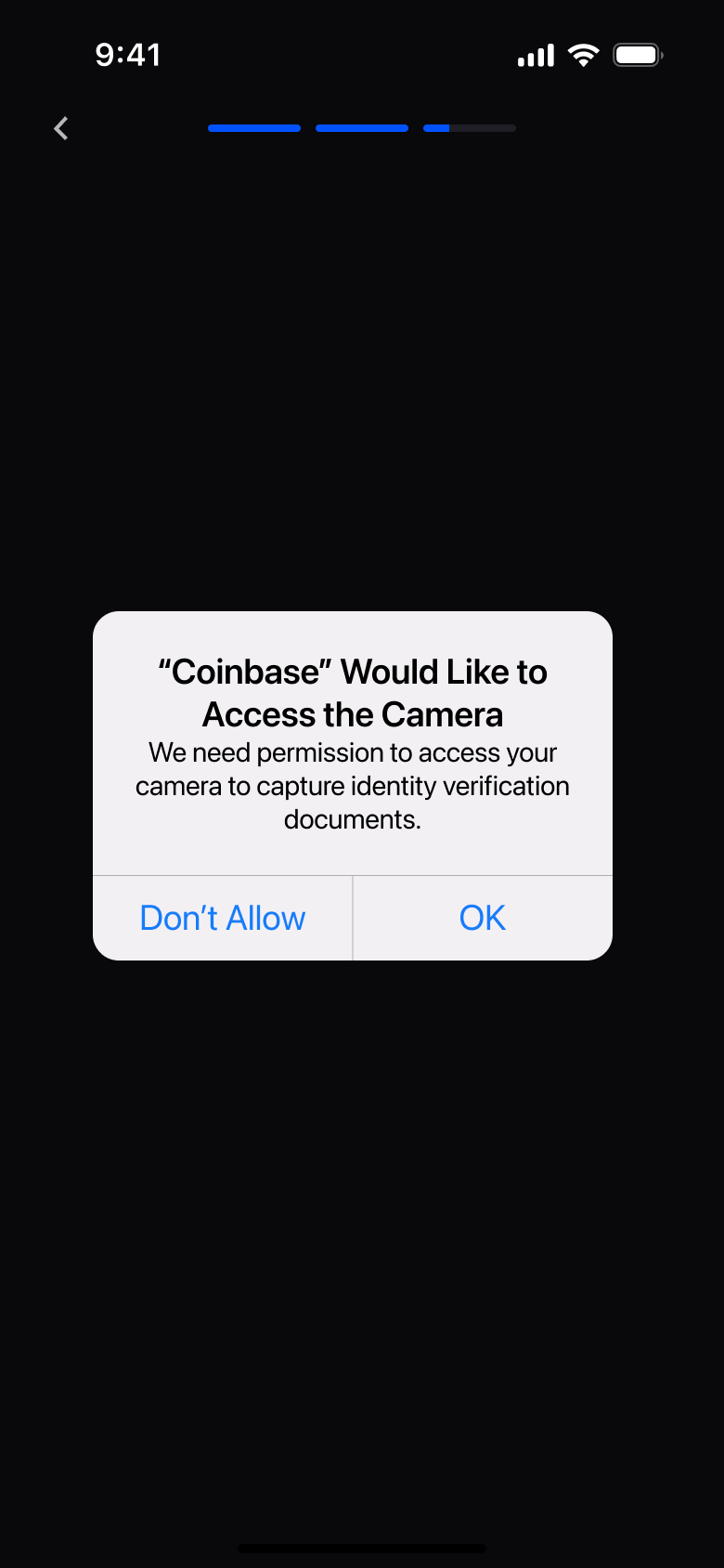 Camera access alert for ID capture.