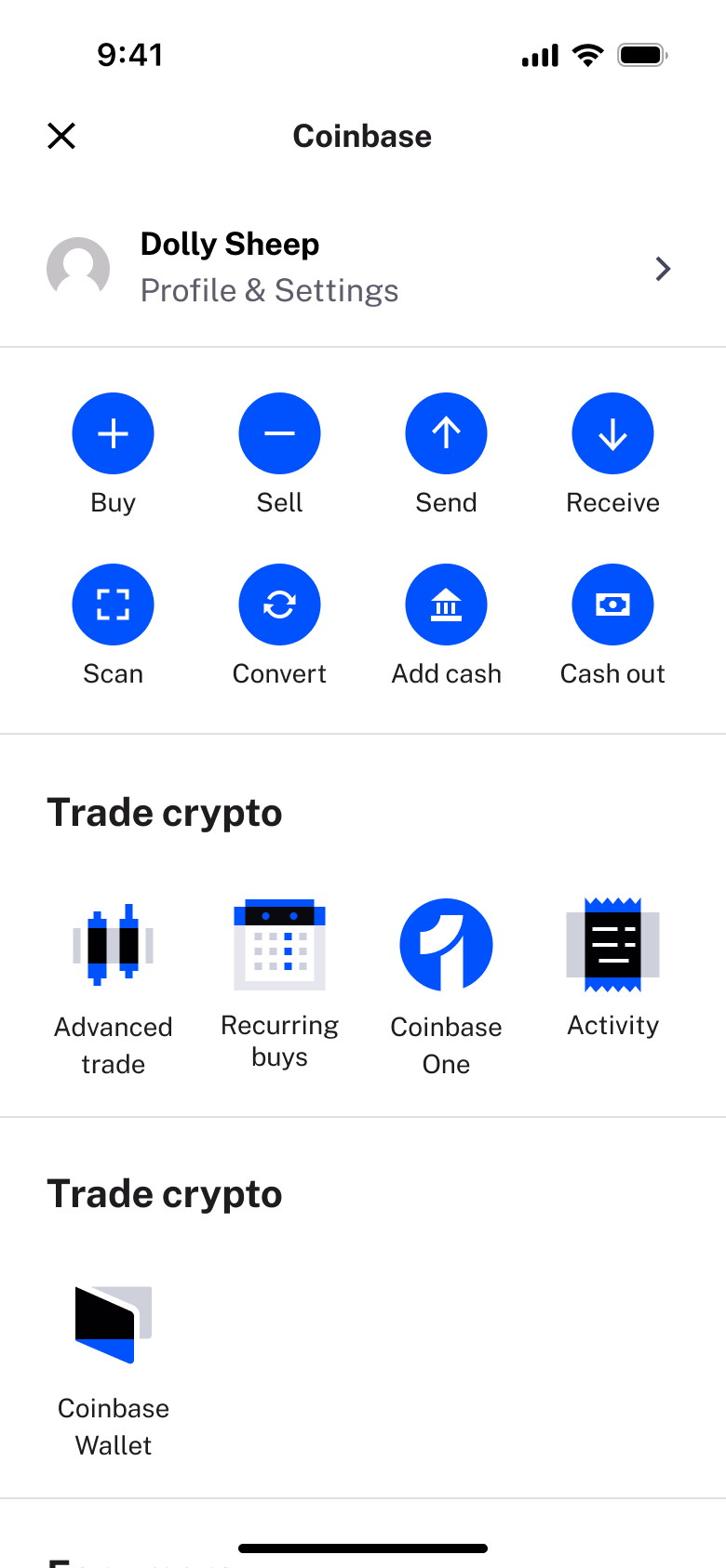 Menu: profile, buy, sell, send, receive, scan, convert and trade options.