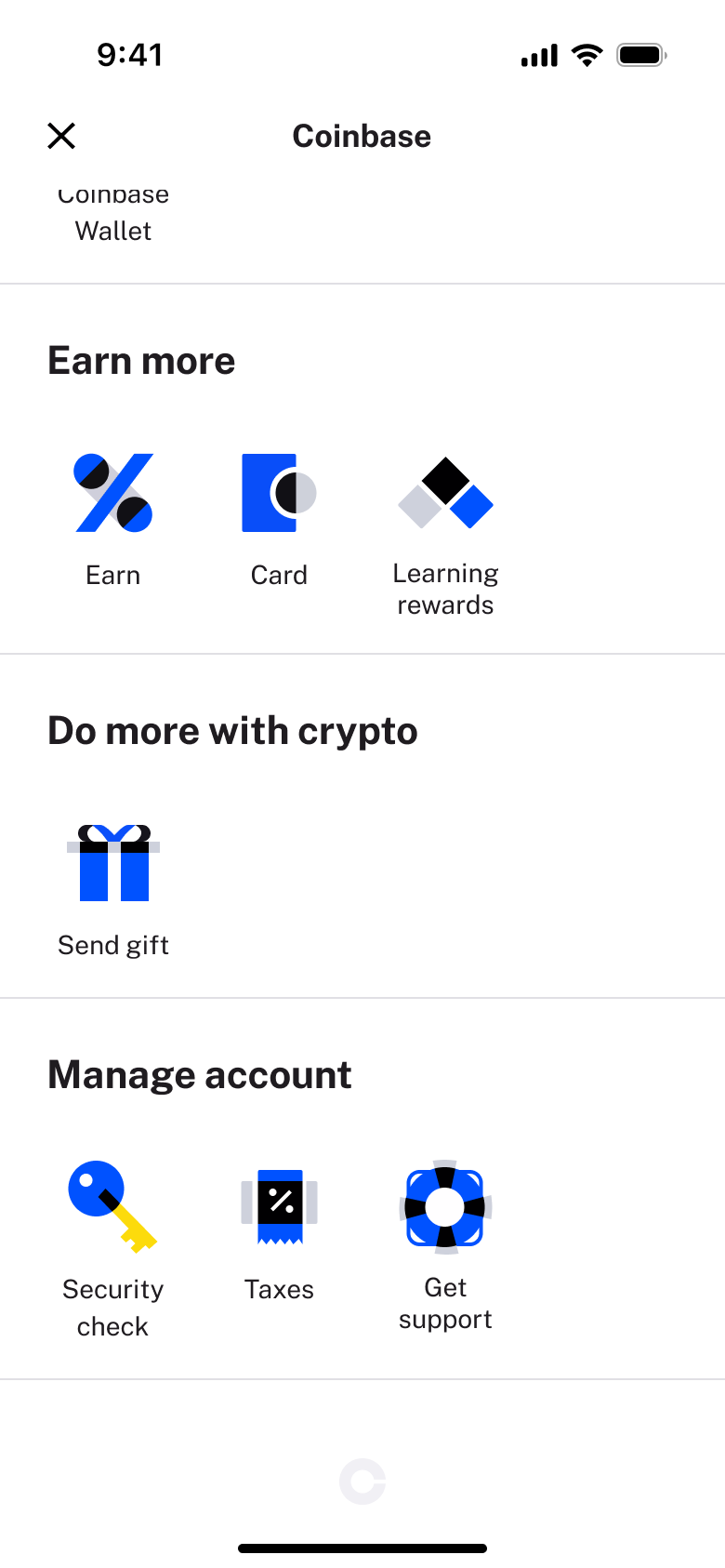 Menu scrolled: earn, card, send gift, security check, taxes and support.