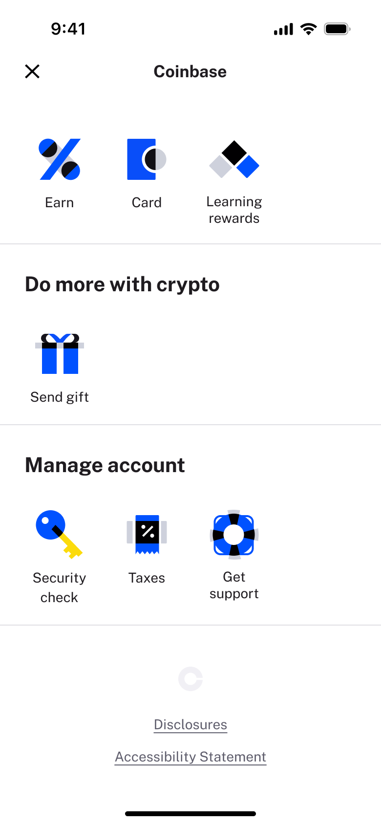 Menu end: manage account icons, disclosures and accessibility links.