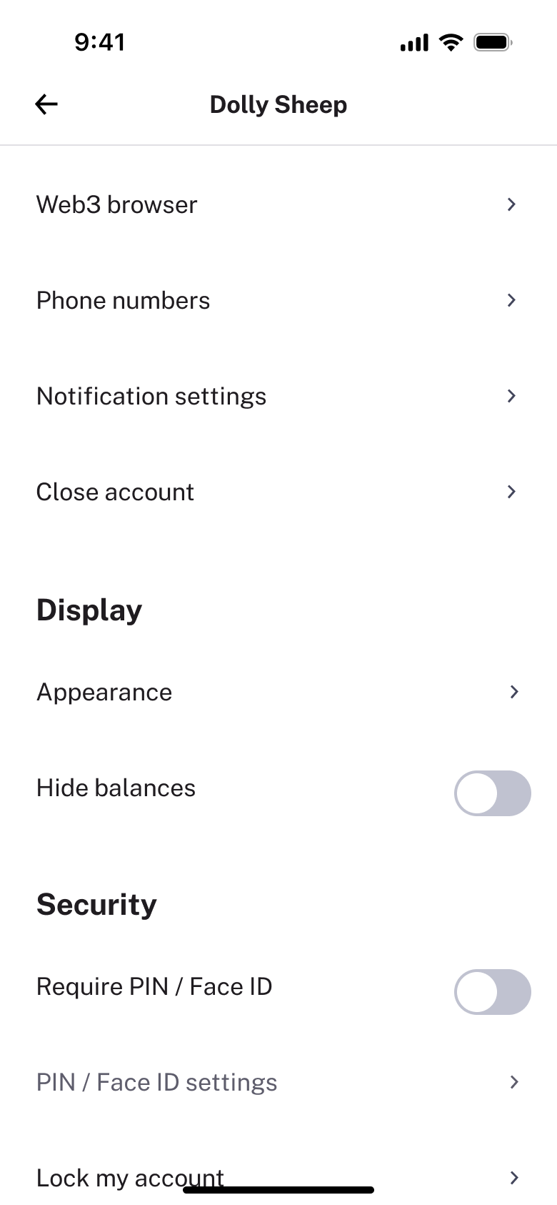 Settings scrolled: phone numbers, notifications, display and security.