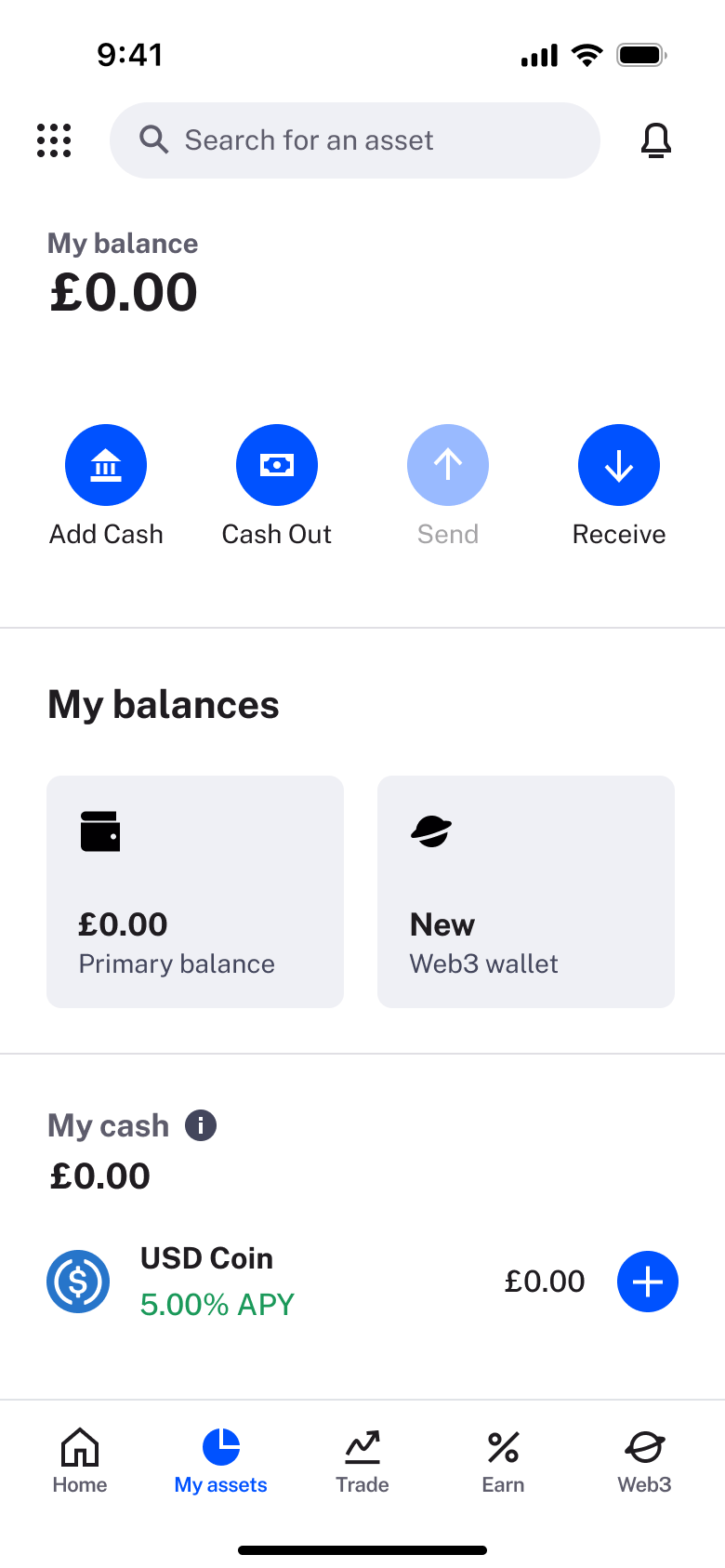My assets: balance, add cash, cash out, send, receive, balances and cash.
