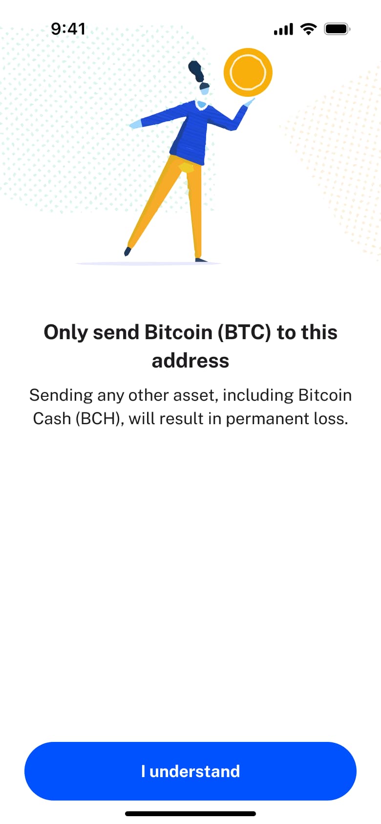 Only send this asset to this address warning with I understand.
