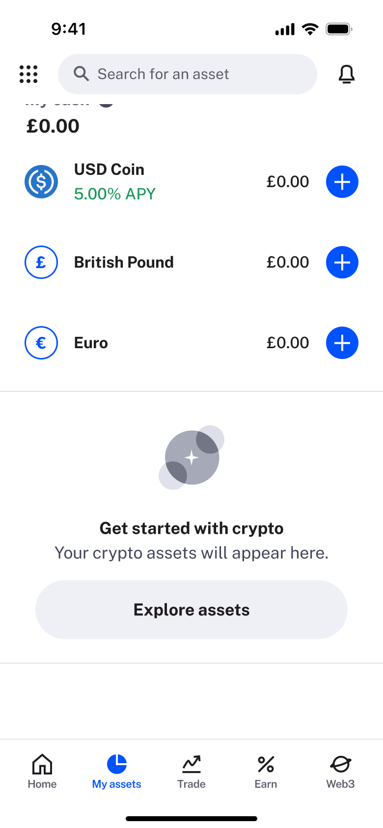 My assets scrolled: currency balances and get started with crypto.