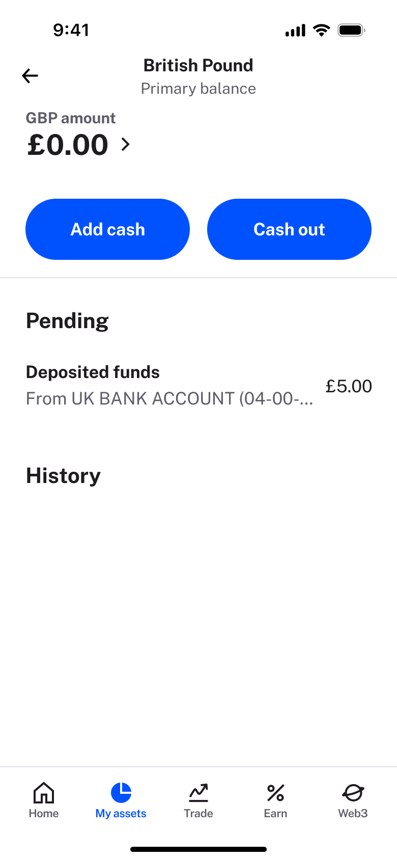 Pound balance with pending deposit and history.