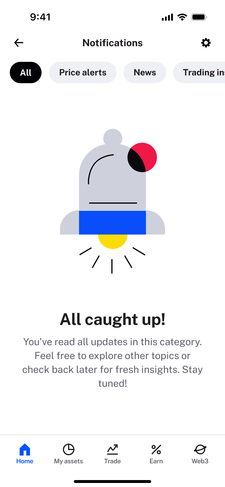 Notifications: all caught up with category chips.