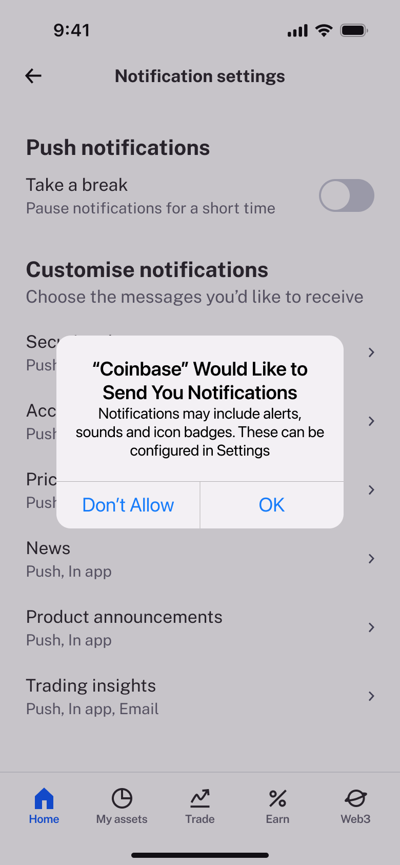 Notifications permission alert over notification settings.