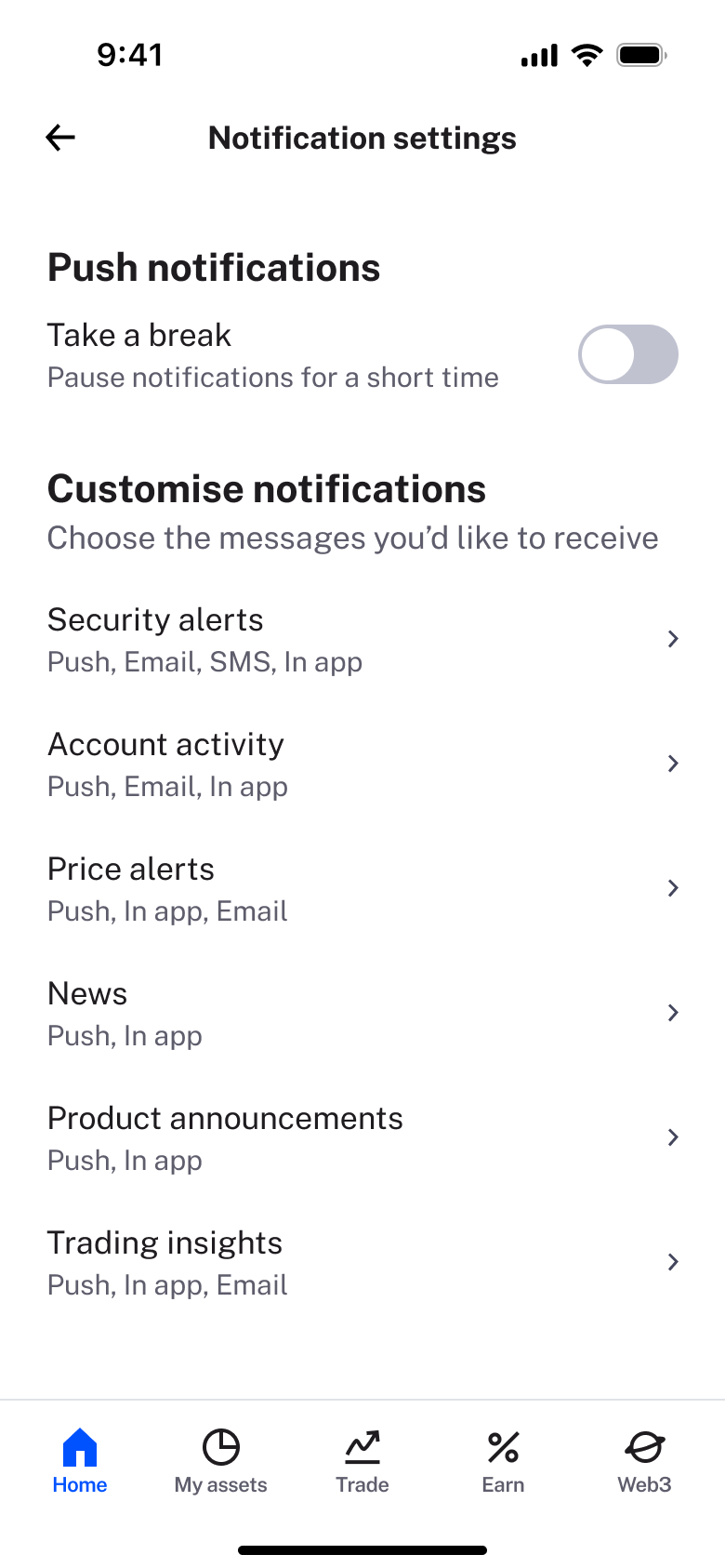 Notification settings: take a break toggle and categories.