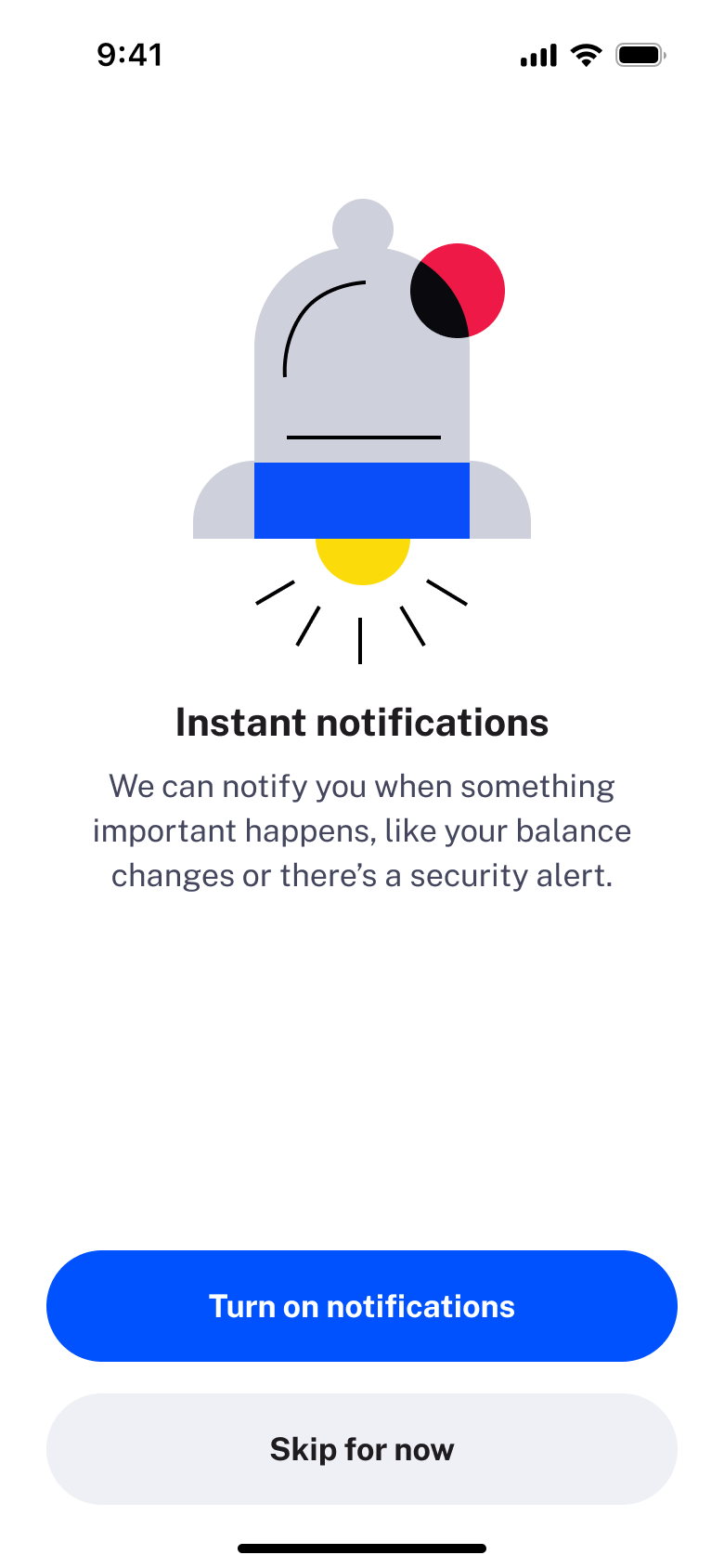 Instant notifications priming: turn on or skip.