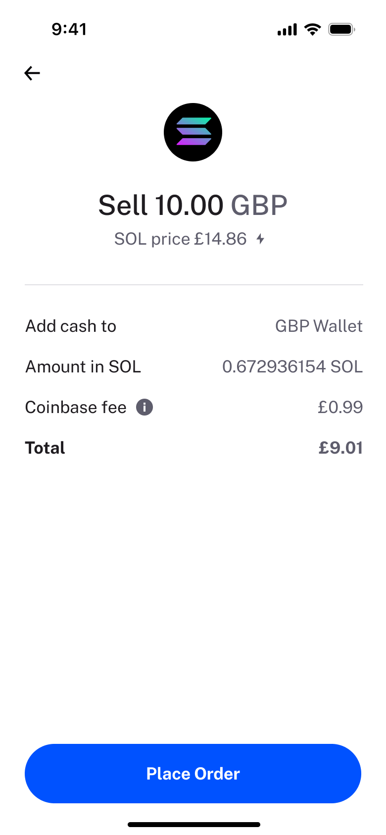 Sell order review with fee and place order.